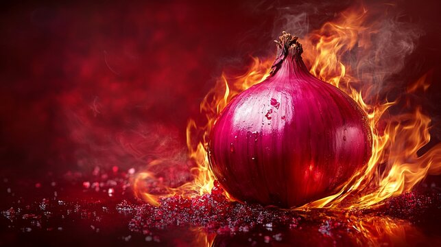 Red onion surrounded by flames and embers, with dark background, for cooking