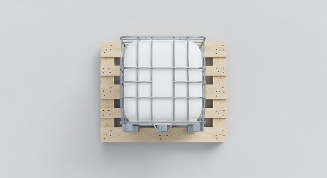 Top view of a white intermediate bulk container in a metal cage on a wooden pallet. ibc container