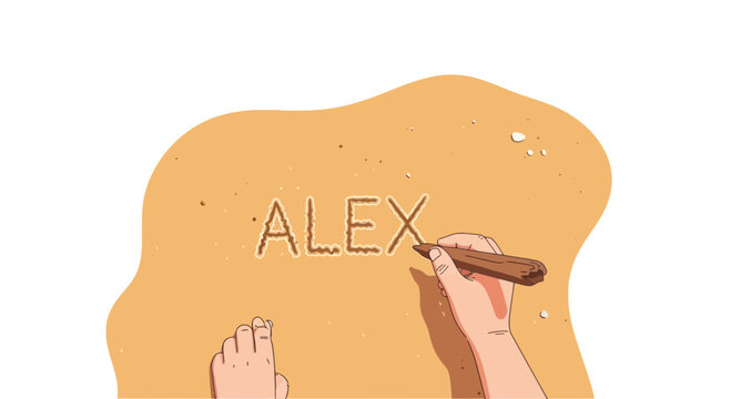 Cartoon hand writing a name on a clay tablet with a stick, in a playful flat art style, educational context, childhood learning concept, creative writing activity