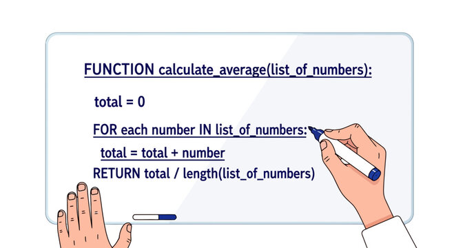 Hand writing a Python function to calculate average on a whiteboard with a blue marker, step-by-step programming tutorial, educational concept, coding process, programming language