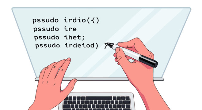 A person's hands coding on a laptop with a stylus, writing pseudocode on screen in a colorful digital illustration style, depicting programming and software development in a modern context