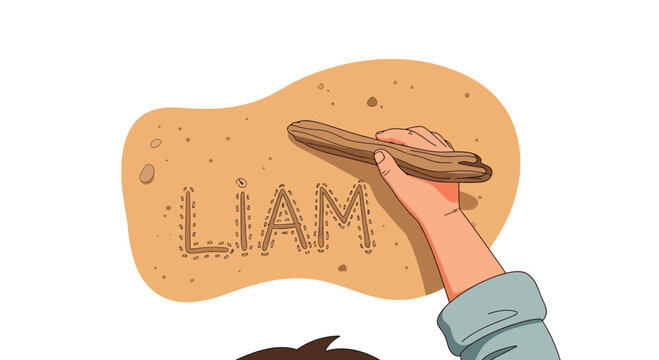 Cartoon hand writing name Liam on stone tablet with stylus, ancient writing, educational concept, childhood learning, vector graphics, simple illustration, flat design, colorful artwork