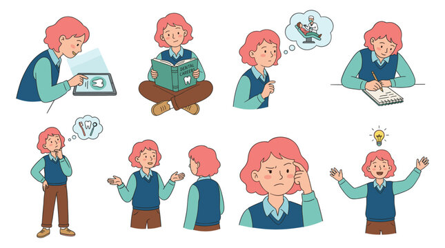 Versatile young character set in diverse poses engaging in various learning and creative activities, showcasing thought processes