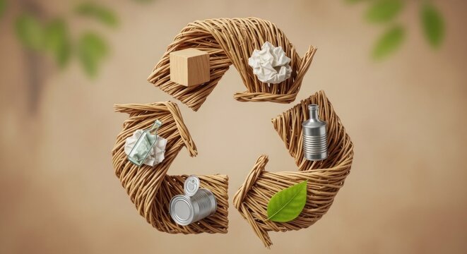 A wicker basket with a recycle symbol, containing various recyclable items such as paper, plastic, metal, and glass, set against a natural background with green leaves.