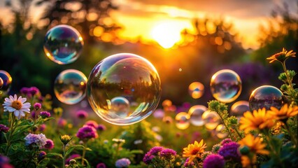 Naklejka premium A photo of translucent soap bubbles reflecting vibrant hues of sunset over a tranquil outdoor landscape, surrounded by blooming flowers and lush g