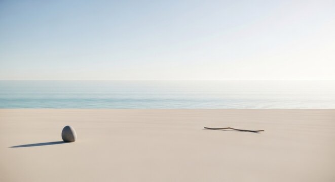 A solitary rock and a stick on a vast, empty beach with a calm ocean in the background.