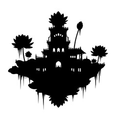 Obraz premium Silhouette of an Ancient Temple: A detailed silhouette of an ancient temple, exuding an aura of mystery and historical grandeur, sits atop an island, surrounded by exotic lotus flowers.