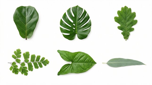 Botanical set of leaves of Ficus lyrata, Monstera deliciosa, Quercus robur, Adiantum and Eucalyptus globulus on a white background.