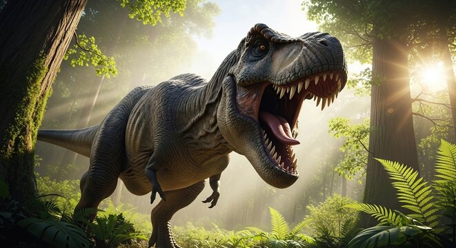 Fierce tyrannosaurus rex dinosaur roaring in lush prehistoric jungle with sun rays filtering through dense foliage
