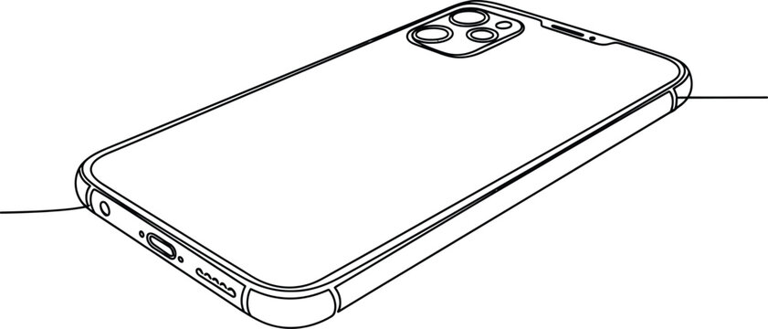 Line drawing of a modern smartphone with a triple camera system showcasing its sleek design and rectangular form