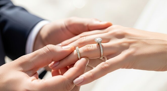 Groom places wedding ring on bride's finger during ceremony close up detail soft natural light symbolizing love
