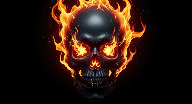 Fiery skull with burning eyes and flames engulfing head dark gritty atmosphere intense horror concept mysterious dark