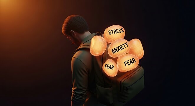 Person holding illuminated worry stones with stress anxiety fear and sadness in a dark background