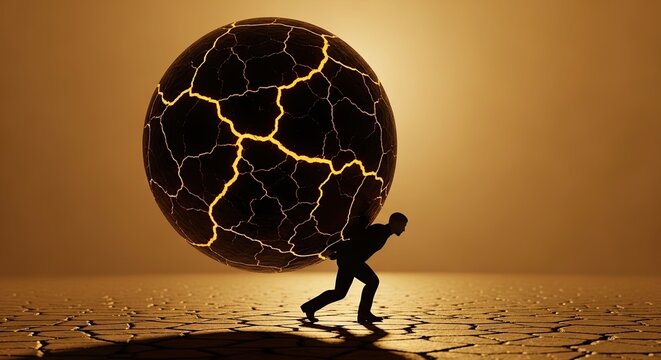 Silhouette of determined person struggling to carry massive cracked sphere representing heavy burden against dramatic
