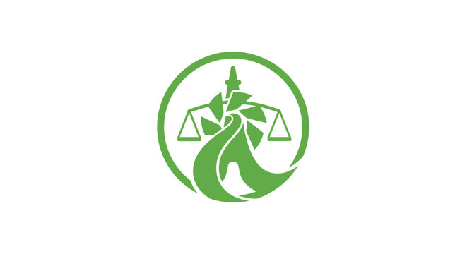 Elegant Green Justice Scale Logo with Leafy Elements for Law Firms.