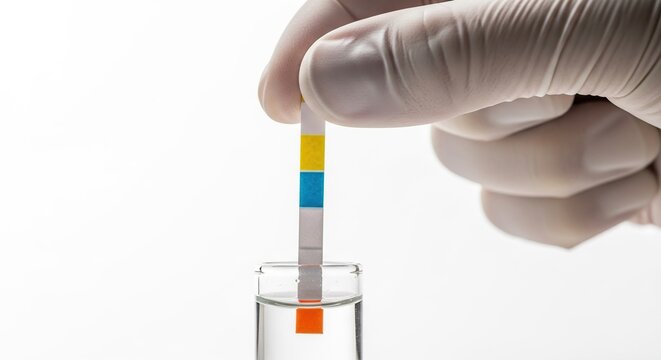 Hand in glove holding ph test strip dipped in clear liquid laboratory science experiment