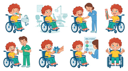 Fototapeta premium Cartoon Character Set Young Boy in Wheelchair Engages in Dental Care, Healthcare, and Medical Activities Collection