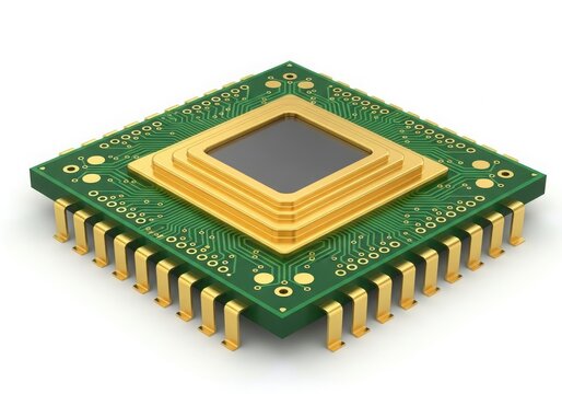 Close-up view of a green circuit board with multiple electronic components isolated on white background