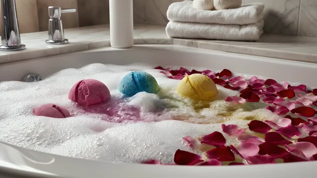 Vibrant Bath Bomb Fizzing in Bubble Filled Bathtub With Rose Petals and Towels Luxury Spa Experience Refreshing Relaxation