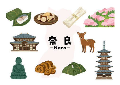 奈良県の観光・名所・グルメアイコンセット（東大寺・大仏・五重塔・奈良公園・柿の葉寿司・三輪そうめん）