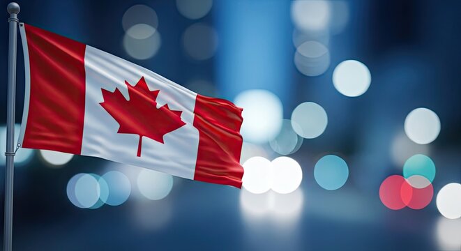 The canadian flag waving proudly against a blurred cityscape background symbolizing national pride and identity