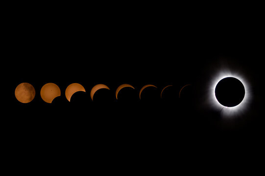Total solar eclipse sequence showing phases from partial to totality