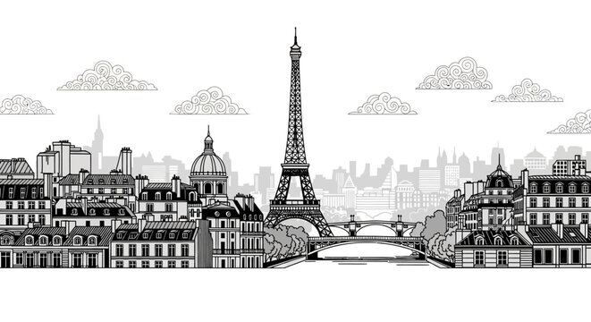 Detailed vector illustration of the Paris city skyline featuring the Eiffel Tower and other landmarks, set against a white background with sketched clouds in a monochrome, vintage