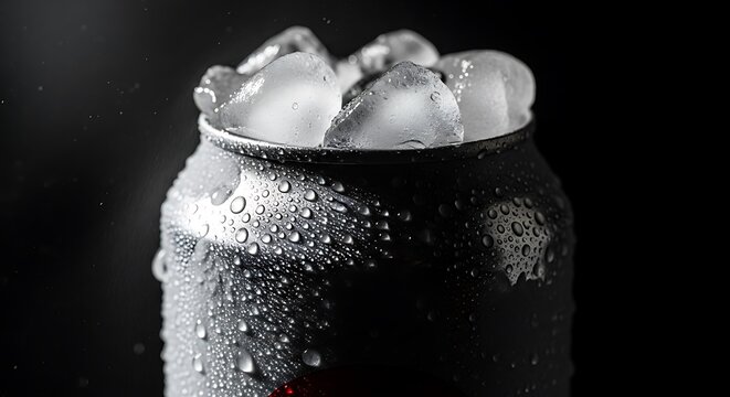 Foamy beverage in a frosty glass with condensation droplets. lata refresco