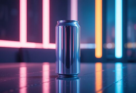 A glass bottle resting on a reflective surface with colorful lighting in the background. lata refresco