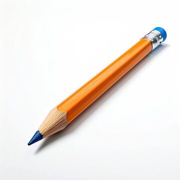 Close-up of a stubby orange pencil with a blue tip and eraser on a clean white backdrop ideal for creative projects and design mockups