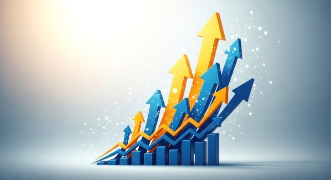 A colorful, upward-pointing arrow graph with blue and yellow arrows, against a light blue background with a gradient effect.