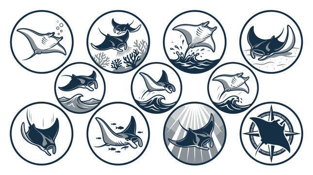 Set of Manta Ray Vector Badges and Logos Featuring Ocean Waves, Sun Rays, and Compass Elements for Marine Conservation and Scuba Diving Designs