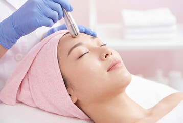 Fototapeta premium Asian woman receiving a facial skin treatment with a specialized device in a clinic