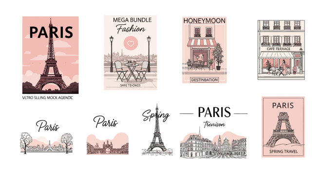 A set of Paris-themed travel postcards features various landmarks and city scenes, rendered in a vintage style with pastel color palettes and delicate line work, creating a charming