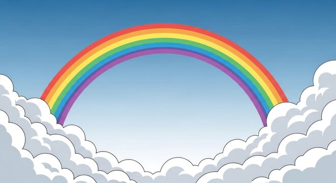 A rainbow arches over a blue sky with fluffy white clouds, creating a vibrant and colorful scene.