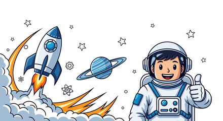 Cartoon illustration of a cheerful astronaut giving a thumbs-up next to a rocket launching with a cloud of smoke and Saturn against a white background, creating a playful and imaginative © Asap