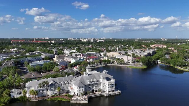 Aerial view over the downtown Celebration in Kissimmee just south of Orlando, Florida. 