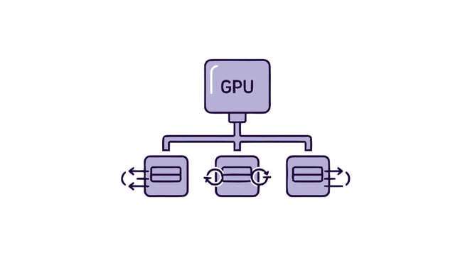 GPU distributing tasks to multiple processors illustration on white background.