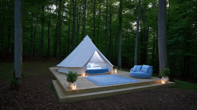 A peaceful tent in forest with interior decor setting 