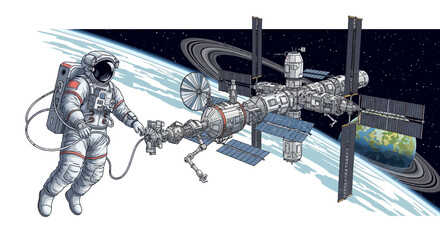 Detailed illustration shows an astronaut tethered to a space station with solar panels and rings of Saturn in view, set against Earth's curved horizon in a hand-drawn, cartoon style © Asap