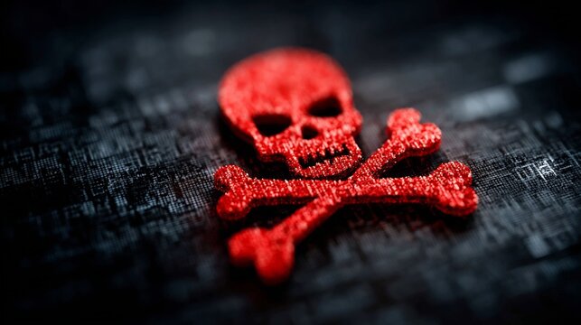 Red textured skull and crossbones on dark digital glitch background. Conceptual symbol of cyber crime, malware infection, and security breach.
