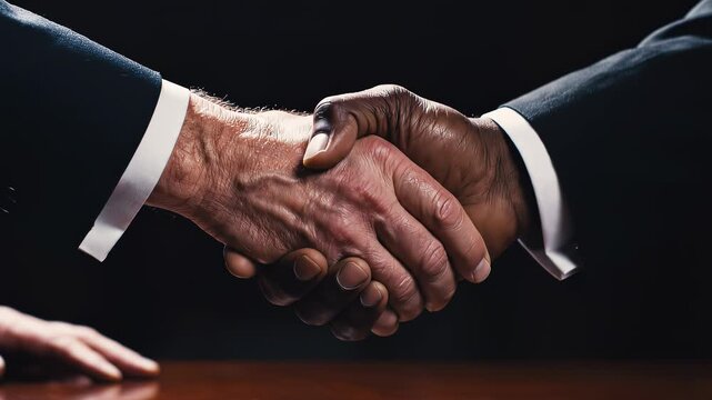 Closeup of a professional handshake between two business people of different ethnicities against a dark background