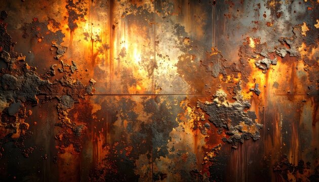 A heavily rusted metal surface displays a dramatic interplay of orange, brown, and dark tones.