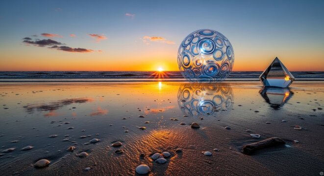 A large, reflective glass sphere with a futuristic design sits on a wet beach at sunset, with a triangular pyramid and scattered rocks in the foreground.