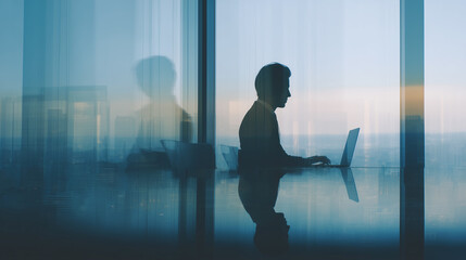 Fototapeta premium Business man using laptop in front of window with cityscape reflecting, silhouette with blue tone.