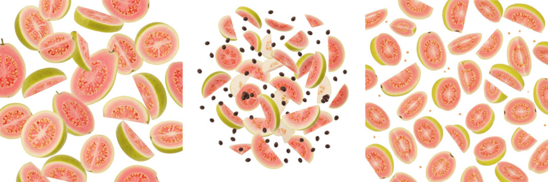Fresh Guava Slices with Pink Flesh and Seeds Flying dynamically, Levitating Psidium Guajava Fruit Pieces - Goyave Volante - Guayaba en Rodajas - Fliegende Guaven-Scheiben - Exotic Tropical Snack