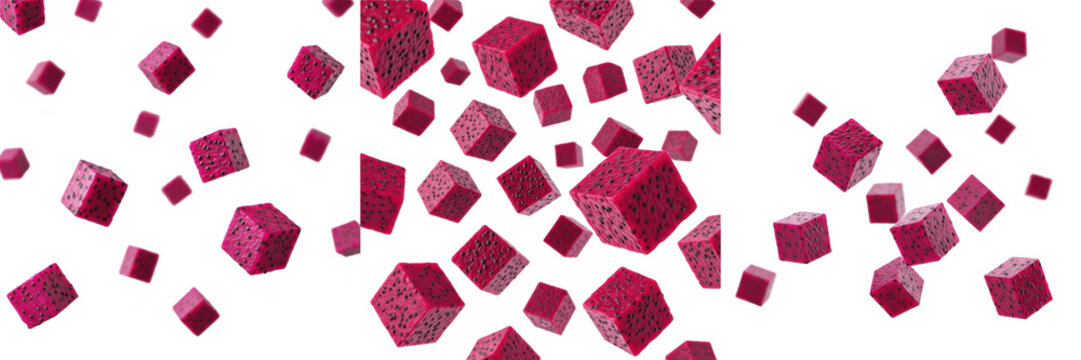 White Flesh Dragon Fruit Cubes with Black Seeds Flying, Levitating Pitaya or Selenicereus Undatus Pieces dynamically - Fruit du Dragon - Pitahaya Voladora - Fliegende Drachenfrucht - Exotic Food