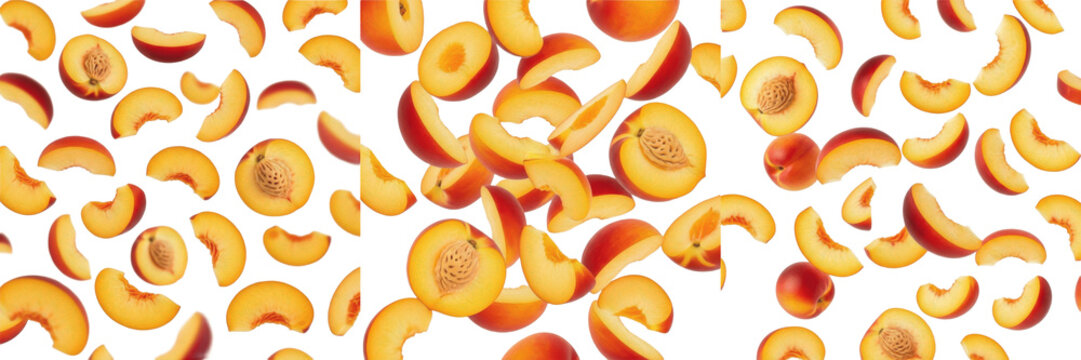 Juicy Nectarine Slices flying and floating in air dynamically, Moving Prunus Persica Nucipersica fruit pieces - Nectarine Volante - Nectarina Voladora - Fliegende Nektarinen - Summer Fruit