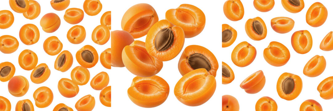 Bright Orange Apricot Halves flying dynamically in the air, Levitating Prunus Armeniaca fruit pieces - Abricot Volant - Albaricoque Volador - Fliegende Aprikosen - Sweet Summer Harvest