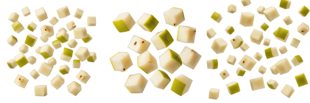 Green Pear Cubes and chunks flying dynamically in air, Levitating Pyrus Communis fruit pieces - Poire Volante - Pera Voladora - Fliegende Birnenw&uuml;rfel - Sweet Autumn Fruit